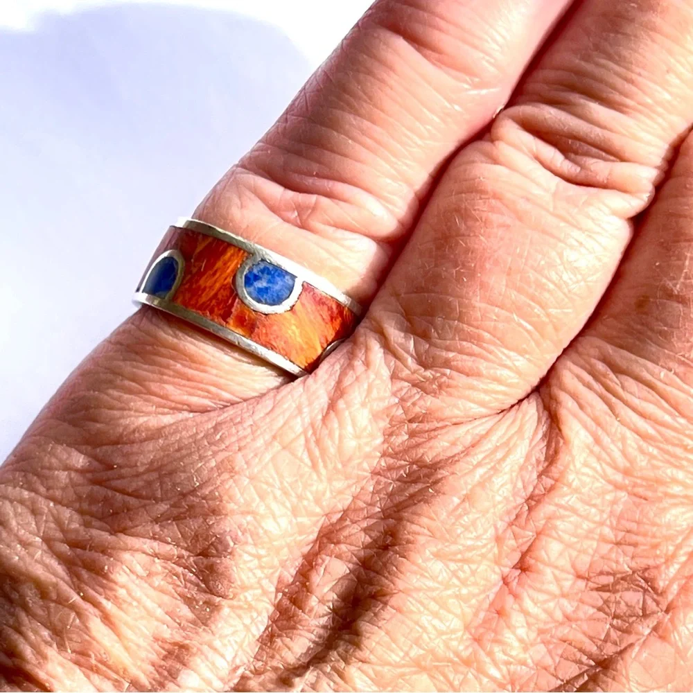 SOLD Vintage Native American 950 Silver Spiny Oyster Lapis Lazuli Ring - Picture 4 of 8